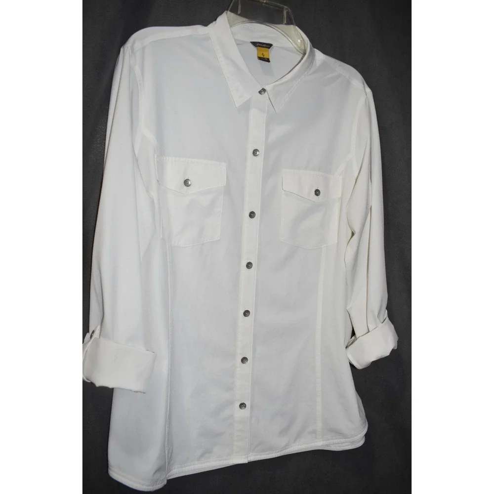 Eddie Bauer XL Women Departure Shirt Ivory Roll Tab Sleeve Button Up Stretch - Picture 10 of 16